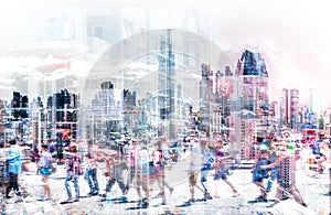 Crowd of anonymous people walking on busy city street - abstract city life concept