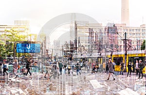 Crowd of anonymous people walking on busy city street - abstract cityscape