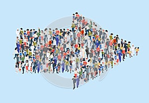 Crowd arrow. Success people walking in direction arrow shapes large growing group of persons garish vector marketing