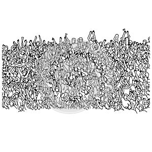 Crowd of audience cheering on stadium vector illustration sketch doodle hand drawn with black lines isolated on white background