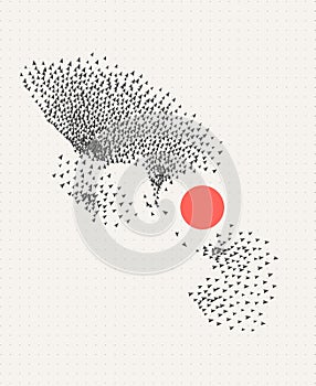 Crowd behaviour simulation. Model of swarm movement. Self organized system. Collective natural system. Collective intelligence