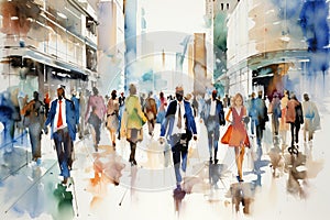 Crowd of business people walking, watercolor painting. Generative AI.