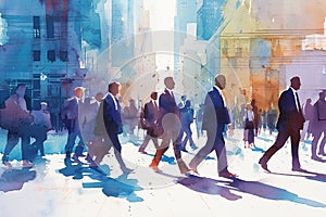 Crowd of business people walking, watercolor painting. Generative AI.