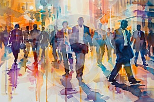 Crowd of business people walking, watercolor painting. Generative AI.