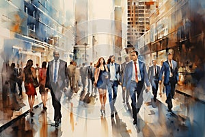 Crowd of business people walking, watercolor painting. Generative AI.