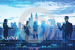 Crowd of businessmen on abstract city background with forex chart and devices. Communication, trade and money growth concept.