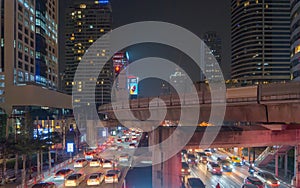 Crowd of busy cars with heavy traffic jam in rush hour on highway road street on bridge in Bangkok Downtown,urban city in Asia,