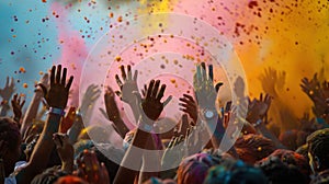Crowd celebrates Holi festival in India, people throwing colorful powder at party, back view of hands on sky background. Concept