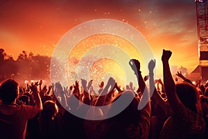 crowd cheering at a live music concert with hands raised at sunset, Crowd raising hand in the air and enjoying concert on a