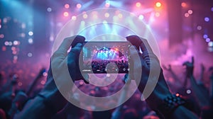 Crowd cheering at a live music concert with hands raised up with smartphones