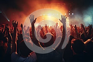 Crowd cheering at a live music concert on stage with hands raised, Crowd cheering at a live music concert and raising hands up, AI