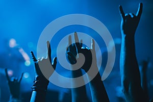 Crowd, cheering and watching a band on stage