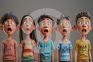 A crowd of children with frightened expressions on their faces. 3d illustration