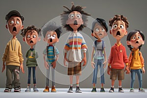A crowd of children with frightened expressions on their faces. 3d illustration
