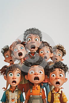 A crowd of children with frightened expressions on their faces on a white background . 3d illustration