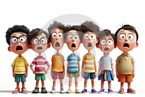 A crowd of children with frightened expressions on their faces on a white background . 3d illustration