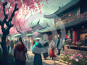 Crowd Chinese people in the city of China with plum blossom trees background. People lifestyles and culture concept. Digital art