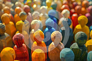 Crowd of color wood people figures. Diversity and inclusion concept