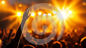 Crowd at a Concert with Bright Lights and a Raised Hand in Focus photo