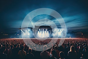 Crowd at concert in front of bright stage lights during music festival, audience at an outdoor concert at stadium arena, AI