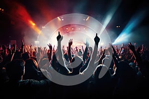 Crowd at concert with raised hands and bright stage lights in background, Crowd cheering at a live music concert and raising their