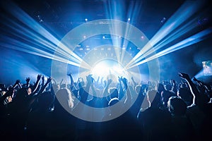 crowd at concert with raised hands in front of bright stage lights, night club under blue rays beam and young people holding light