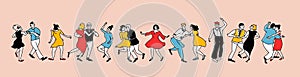 Crowd of dancing people in vintage style dresses and clothes. Swing dance horizontal banner. Lindy hop party characters