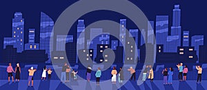 Crowd of different people standing on waterfront admiring night cityscape vector flat illustration. Man, woman, children