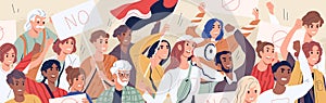 Crowd of diverse people on demonstration vector flat illustration. Angry man and woman protest hold megaphone and