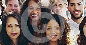 Crowd of diverse people standing together outside. Closeup heads and faces of group, team or colleagues staring, smiling