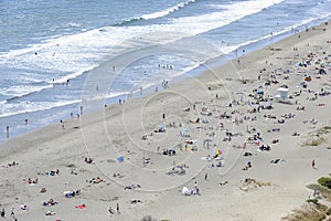 Crowd enjoys a beach and surf