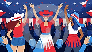 The crowd erupts in cheers as a group of rodeo queens enter the arena adorned in red white and blue fringe and sequins