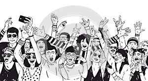 Crowd of excited people or music fans with raised hands. Spectators or audience of summer open air festival hand drawn