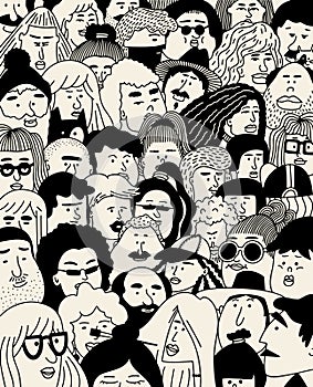 Crowd. Faces collection. People faces vector collage. Outline people. Face avatars. Men and women. Various haircuts. Cartoon style
