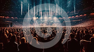 The crowd in a fan zone in a concert stadium, Raised hands during a music show, Stage with lights