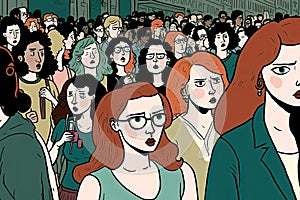 crowd of feminist women at rally demonstrating for women's freedoms and rights. Generative AI illustration