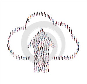 Crowd of flat illustration people forming the Sending files to the Cloud symbol on white background. Vector illustration