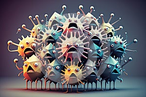 Crowd of funny multi-colored virus character with angry faces. Generative AI