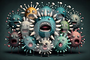 Crowd of funny multi-colored virus character with angry faces. Generative AI