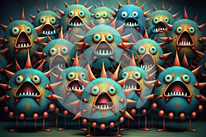 Crowd of funny multi-colored virus character with angry faces. Generative AI