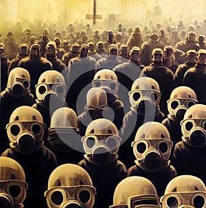 Crowd in gas masks