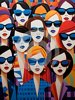 Crowd of girls in sunglasses. Girls\' faces