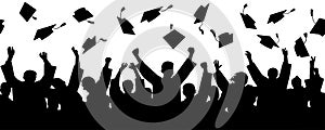 Crowd of graduates throw square academic caps, seamless pattern, silhouettes. Vector illustration photo