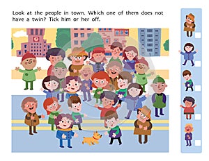 Crowd of happy people. Find differences. Educational game for children. Cartoon style puzzle. Vector illustration.