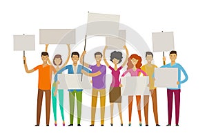 Crowd of happy people with posters on the procession. Parade, public activity concept. Vector illustration photo