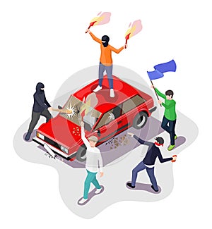 Crowd of hooligans damaging car with club, stones, vector isometric illustration. Civil unrest, disorder, street riot. photo
