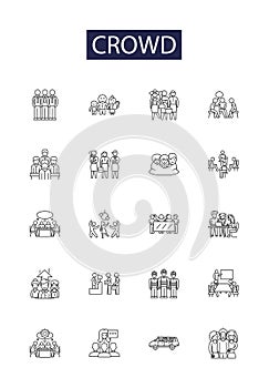 Crowd line vector icons and signs. Herd, Horde, Gathering, Throng, Swarm, Clusters, Assembly, Clamor outline vector