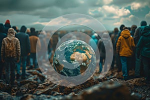 Crowd looking towards a globe in a desolate landscape