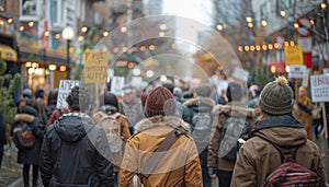 A crowd marches through the city holding signs during an event