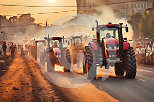 crowd marching with tractors activist for farmers rights in a big city at sunset